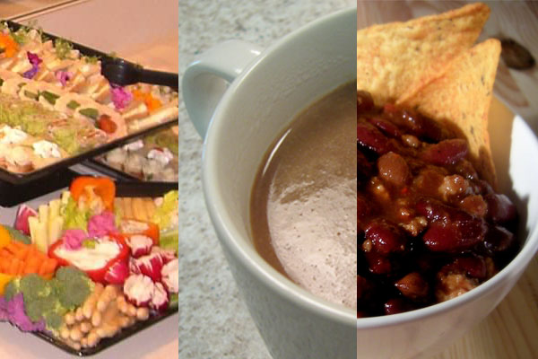 Collage of hors d'oeuvres, Mexican hot chocolate, and a bowl of chili